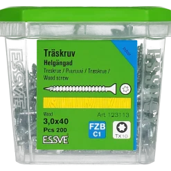 TRÄSKRUV FÖRSÄNKT HUVUD TX10 HELGÄNGAD FZB 3,0X40 200ST