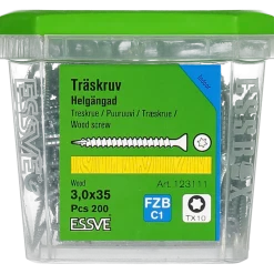 TRÄSKRUV FÖRSÄNKT HUVUD TX10 HELGÄNGAD FZB 3,0X35 200ST